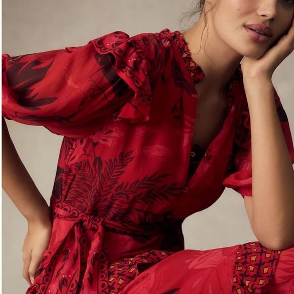 Large Farm Rio Short-Sleeve Printed Ruffled Midi Dress by Anthropologie - Picture 3 of 7